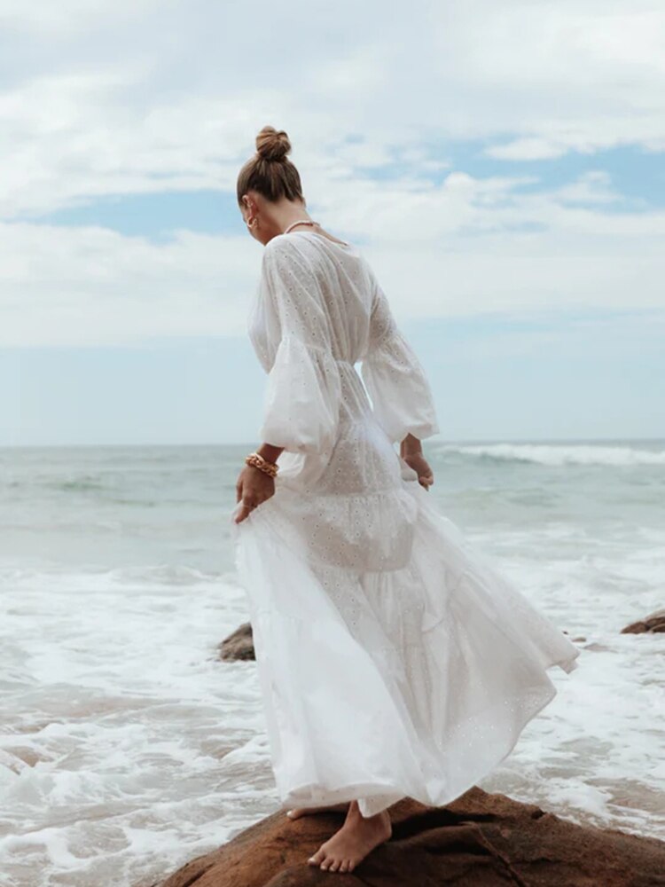 Gypsy/ Boho White Embroidered Cotton Maxi Dress with V-neck and Long Sleeves