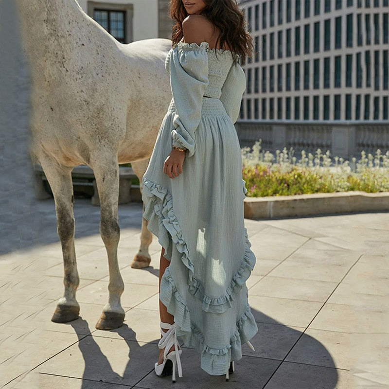 Boho 2-piece Summer Casual Set With A Long Sleeve, Bare Shoulder Tube Top And Ruffled Tuxedo Style Skirt