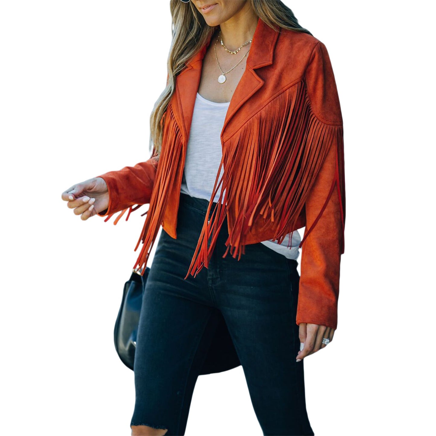 Women's 90s Vintage Streetwear Y2k Fringed Hem and Tassel Long Sleeve Fashion Motor Biker Style Jacket in Suede Leather