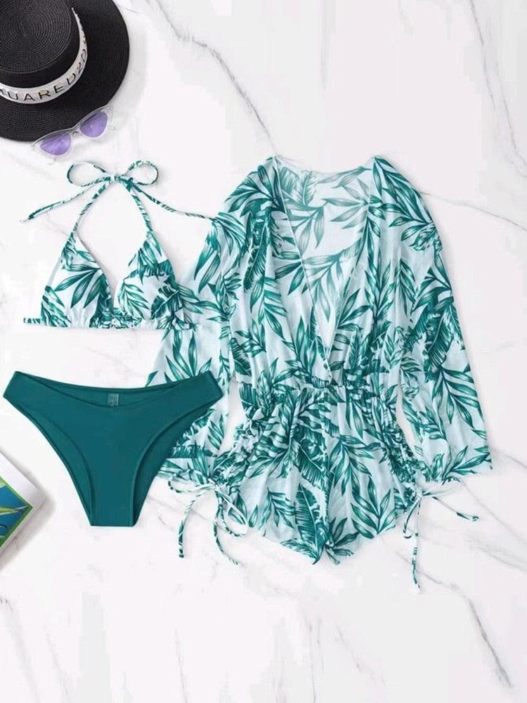 Women's 3 Piece Triangle Bikini Swimsuit Set, Halter Push Up Top and Long Sleeve Cover Up Dress with Thong Bottoms