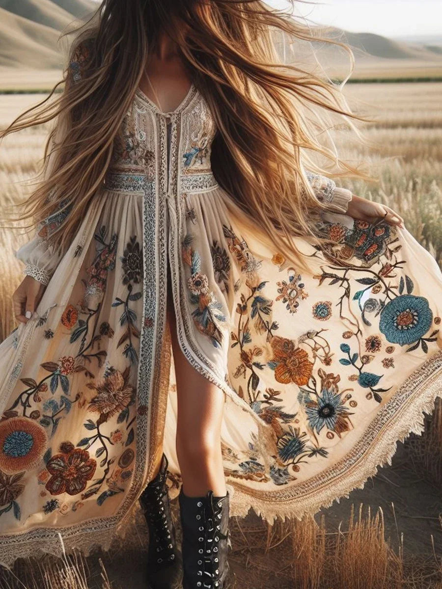 Bohemian Lace Patchwork, Floral Pattern Print V-Neck With Long Sleeves