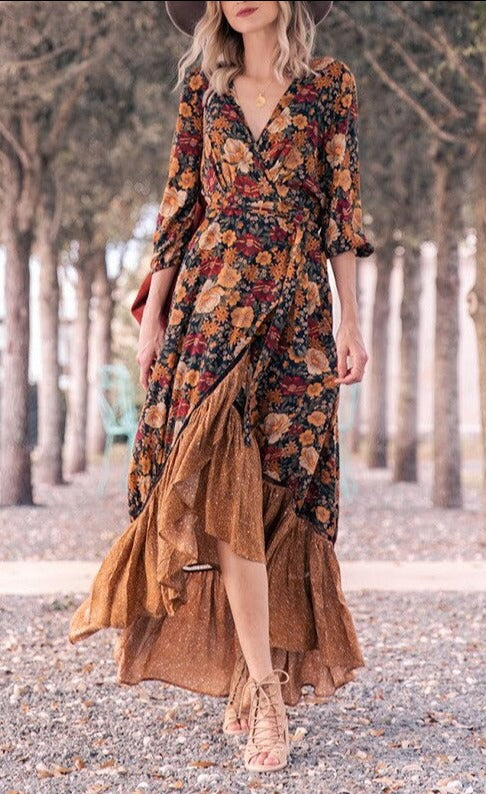 Gypsy/ Boho Floral Vintage Maxi Dress with Long Sleeves and Ruffles