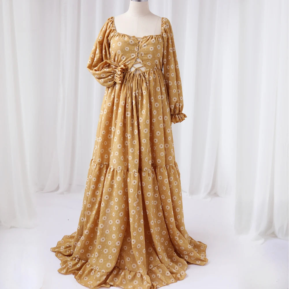 Daisy Printed Cotton Long Sleeved Retro Style Maternity Dress For Photography or Baby Shower Dress