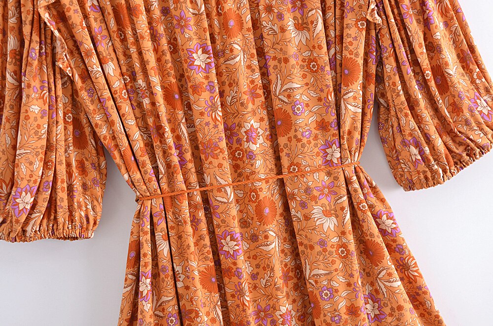 A. Boho Orange Floral Printed Mini Dress with Lantern Sleeve and Tassel