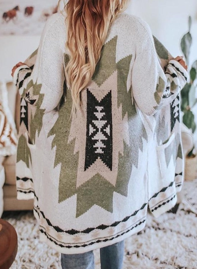 Winter Tribal Printed Casual Loose Long Sleeve Cardigan with V-neck. Trench Coat Style.