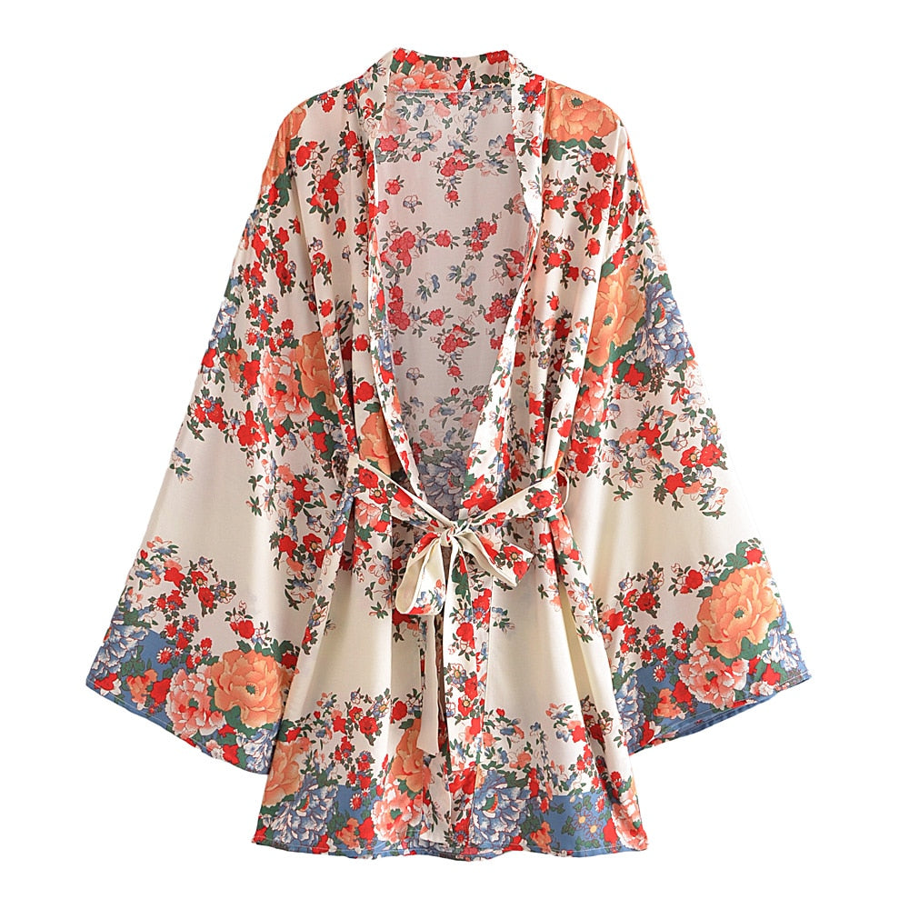Bohemian Kimono Dresses with Floral Print Sashes Batwing Sleeves and V-Neck (Summer Bikini Boho Cover-ups)