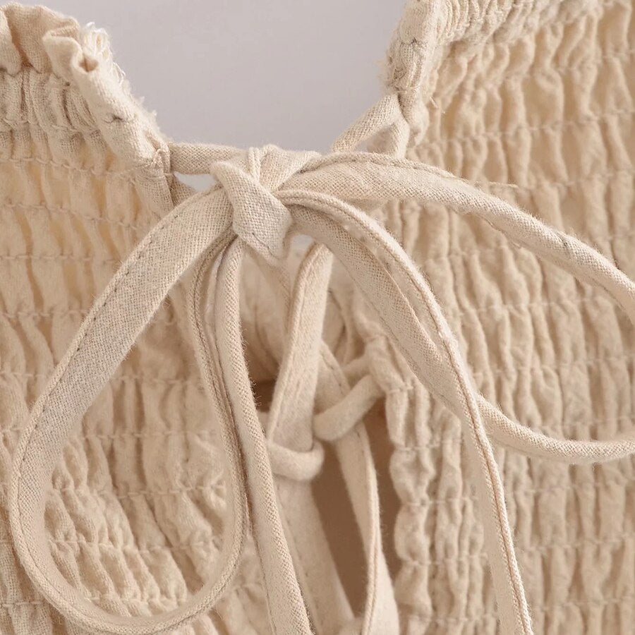 Gypsy/ Vintage Hemp Midi Dress with Bow-Tie-Up Backless and Elastic Vintage Lace-Up Front with Puff Sleeves