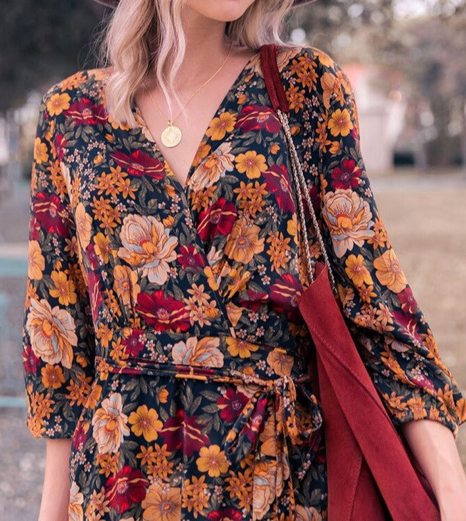 Gypsy/ Boho Floral Vintage Maxi Dress with Long Sleeves and Ruffles