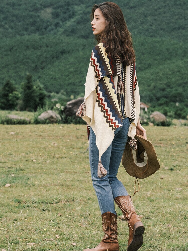 Winter Gypsy/ Boho Knitted Cape Poncho with Tassels