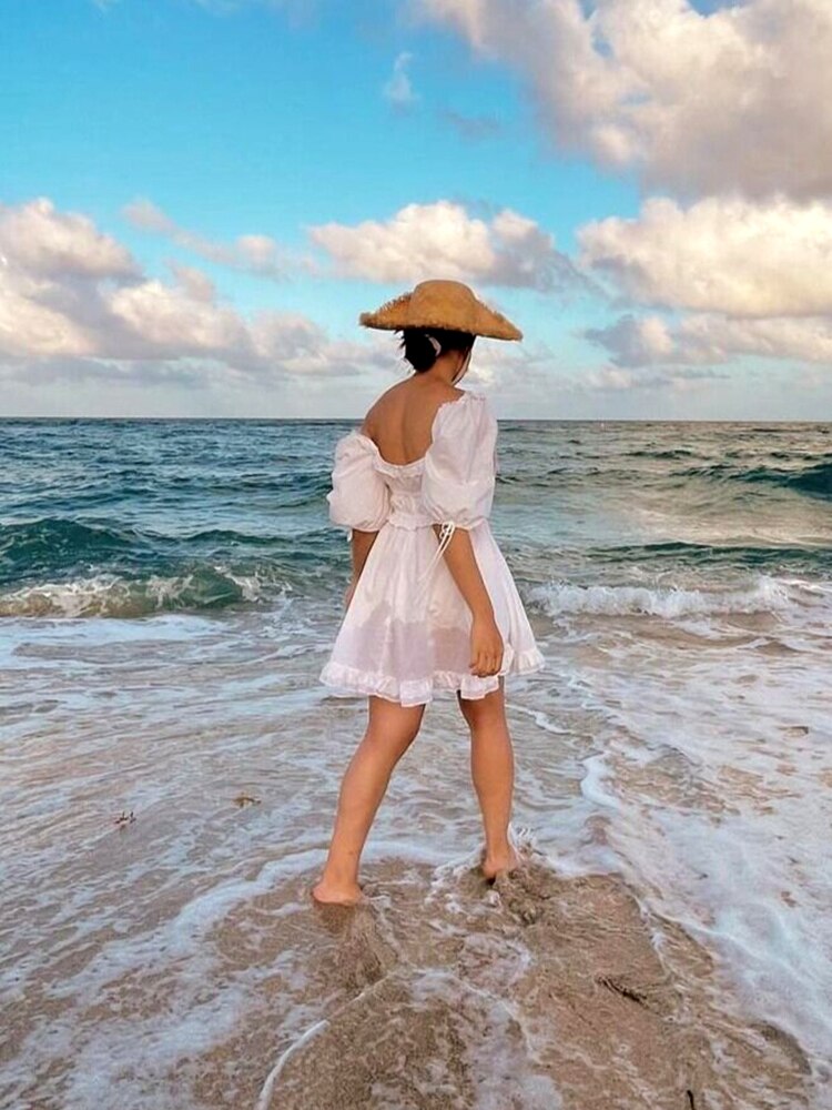 Gypsy White Smocked Mini Dress On or Off The Shoulder Puff Sleeves with Ruffles