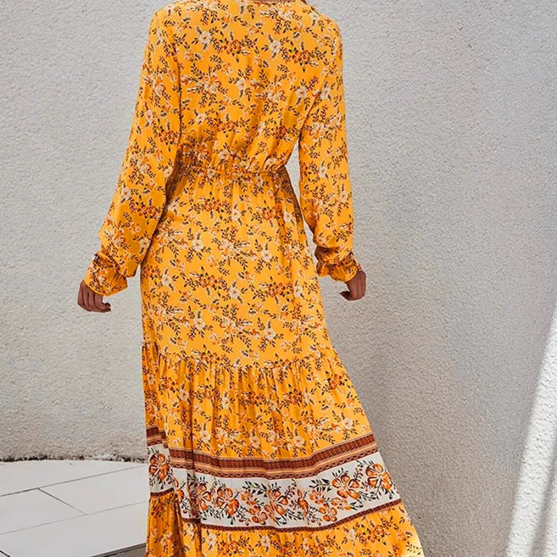 Bohemian Floral Printed Maxi Sundress with V-Neck and Loose Long Sleeves
