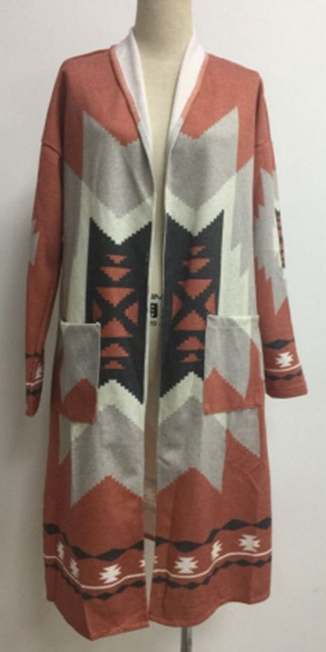 Winter Tribal Printed Casual Loose Long Sleeve Cardigan with V-neck. Trench Coat Style.