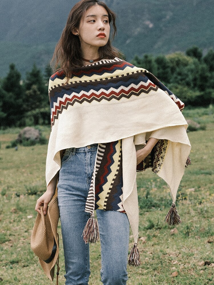Winter Gypsy/ Boho Knitted Cape Poncho with Tassels