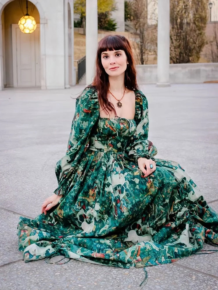 Gypsy/ Boho Floral Printed Maxi Dress with Green Ruffles and Puff Sleeves