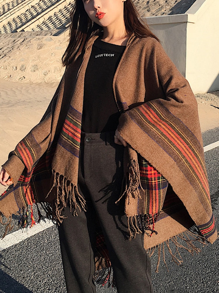 Winter Gypsy/ Boho Knitted Poncho with Hood and Tassels