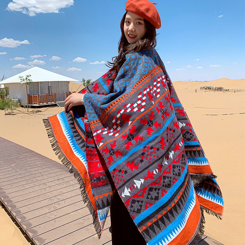 Winter Gypsy/Bohemian Floral Knitted Poncho with Tassels