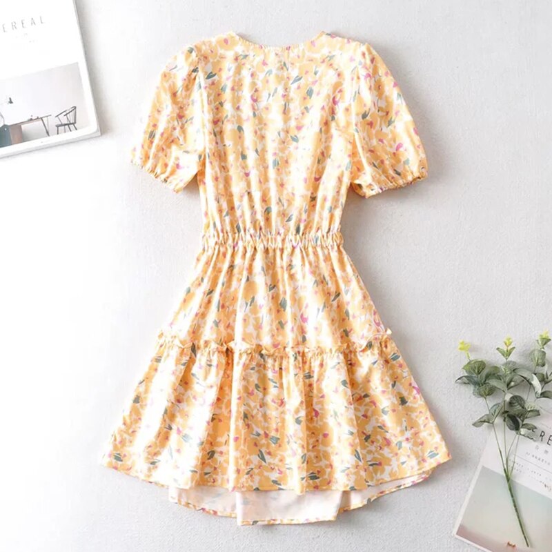 Gypsy Floral Printed Mini Dress with Deep V-Neck and Puff Sleeve