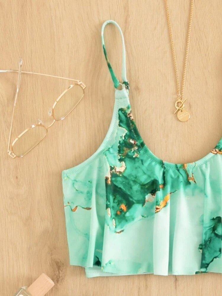 High Waist Tie Dye Two Piece Ruffle Bikini Set