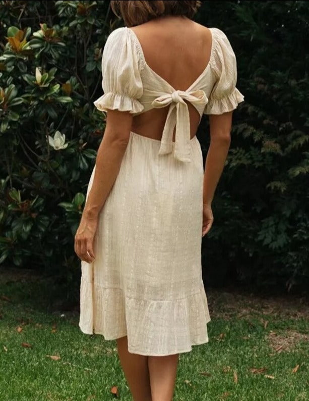Gypsy/ Vintage Hemp Midi Dress with Bow-Tie-Up Backless and Elastic Vintage Lace-Up Front with Puff Sleeves