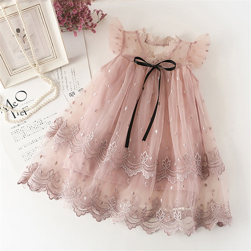 Vintage Style  Princess Dress for Girls with Flower Lace and Bow Decoration (3-8 Yrs Children)