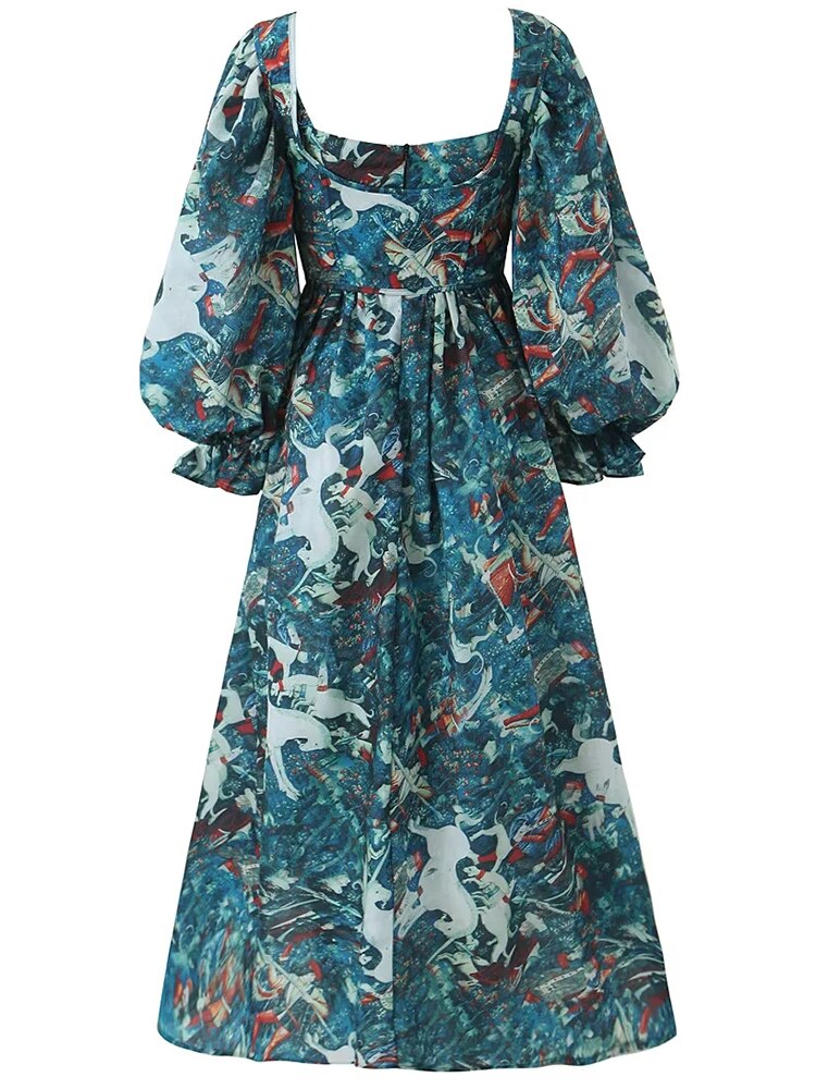 Gypsy/ Boho Floral Printed Maxi Dress with Green Ruffles and Puff Sleeves