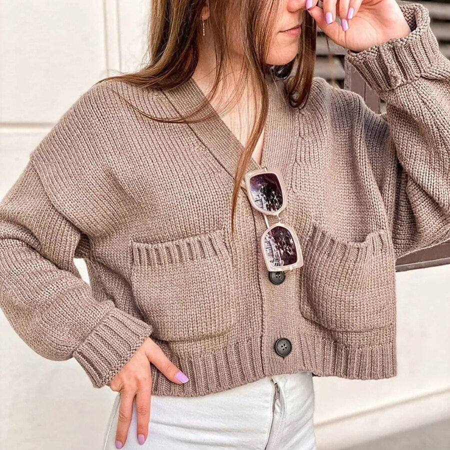 Winter Vintage/ Gypsy Knitted Cardigan Brown Autumn with V-Neck and Pockets