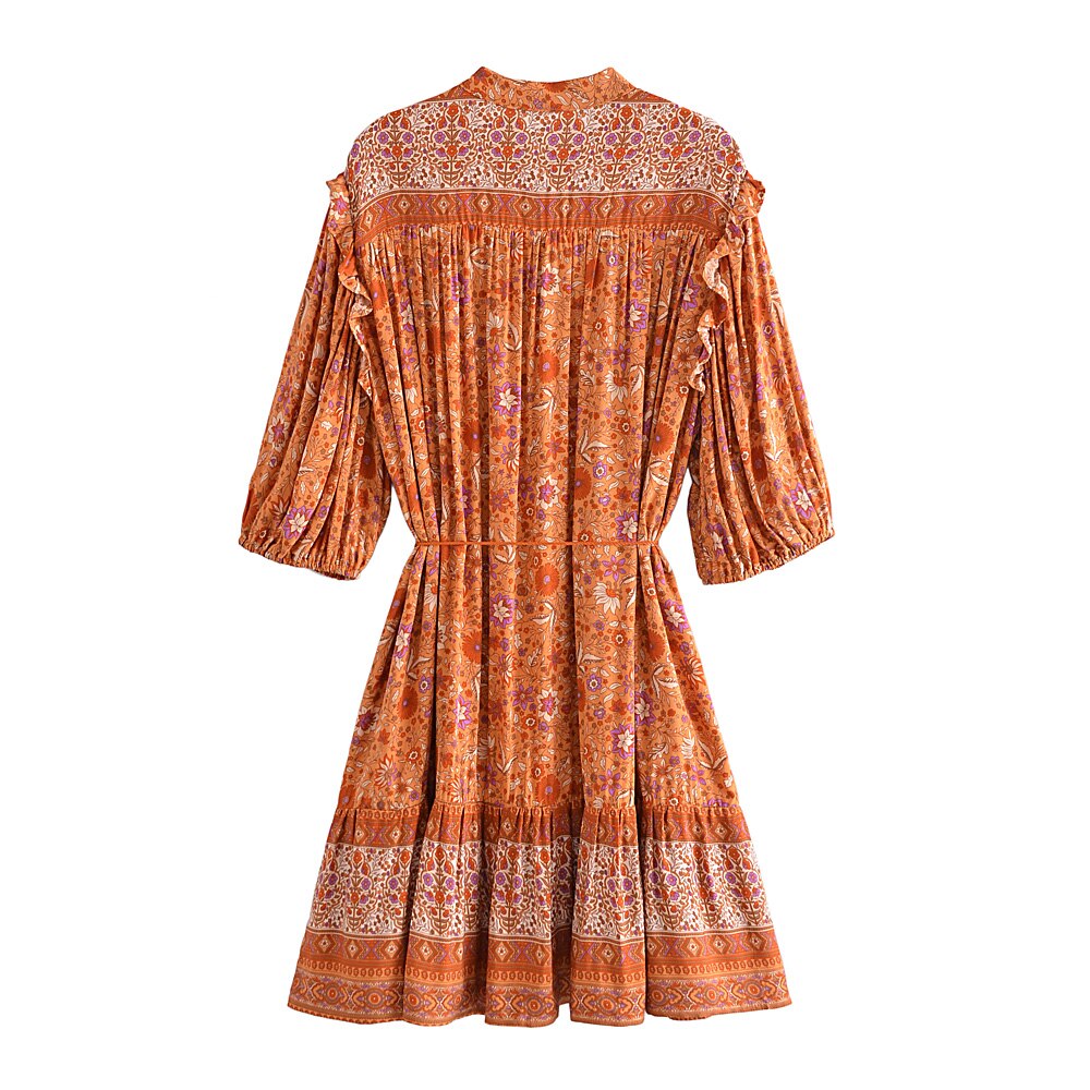 A. Boho Orange Floral Printed Mini Dress with Lantern Sleeve and Tassel