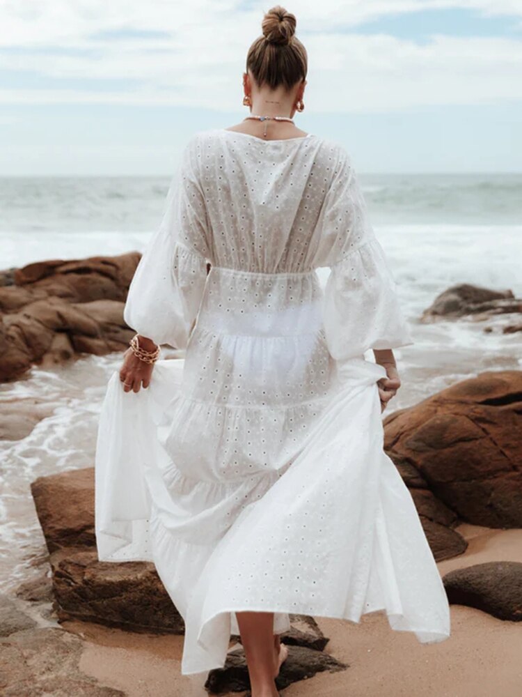 Gypsy/ Boho White Embroidered Cotton Maxi Dress with V-neck and Long Sleeves