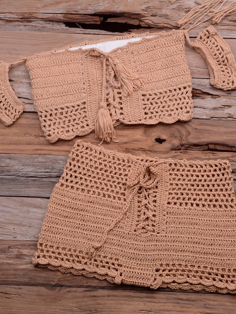 Bohemian Fashion Crocheted Beach Bikini Set, Off the Shoulder with Tassels