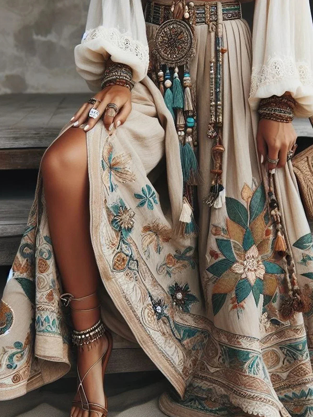 A. Vintage Bohemian Women's Skirt Casual Harajuku Style Floral Printed Cascading Hem, High Waist, Pleated Maxi Skirts