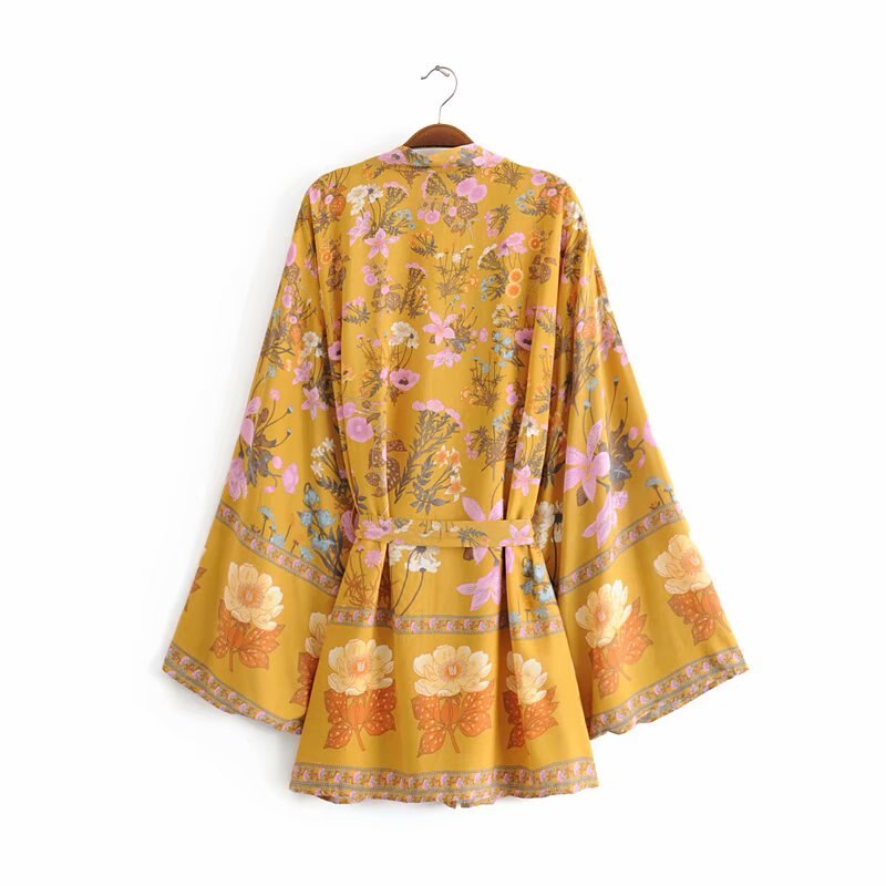 Bohemian Kimono Dresses with Floral Print Sashes Batwing Sleeves and V-Neck (Summer Bikini Boho Cover-ups)
