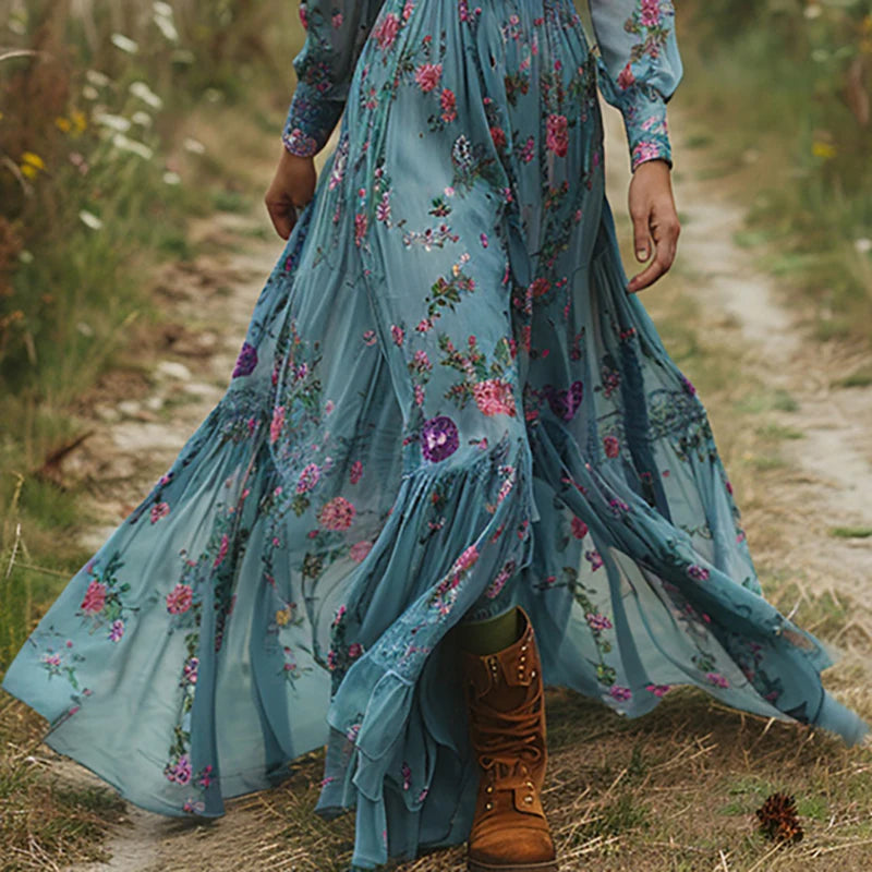 A. Vintage Indie Folk Floral Printed Boho Maxi Dress With Sexy V Neck, Elastic Waist, Long Sleeve