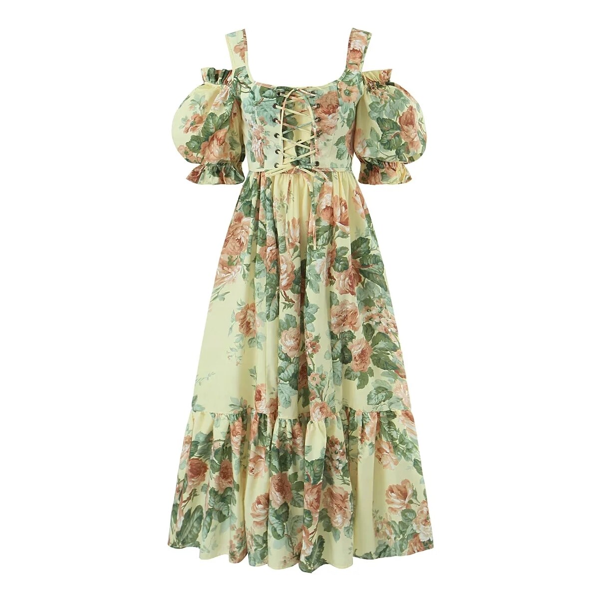 Bohemian Floral Printed Maxi Dress with Off The Shoulder Puff Sleeves and Tiered Ruffles