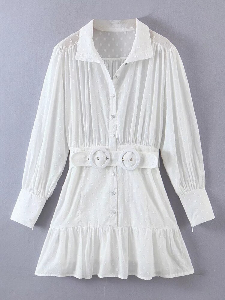 Gypsy/ Vintage Cotton White Mini Dress with Lantern Sleeves and Double Belt