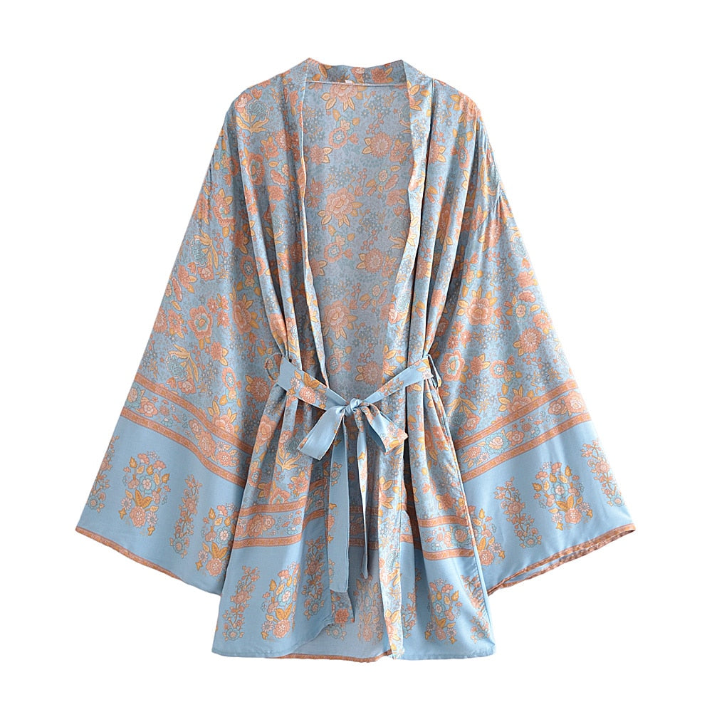 Bohemian Kimono Dresses with Floral Print Sashes Batwing Sleeves and V-Neck (Summer Bikini Boho Cover-ups)
