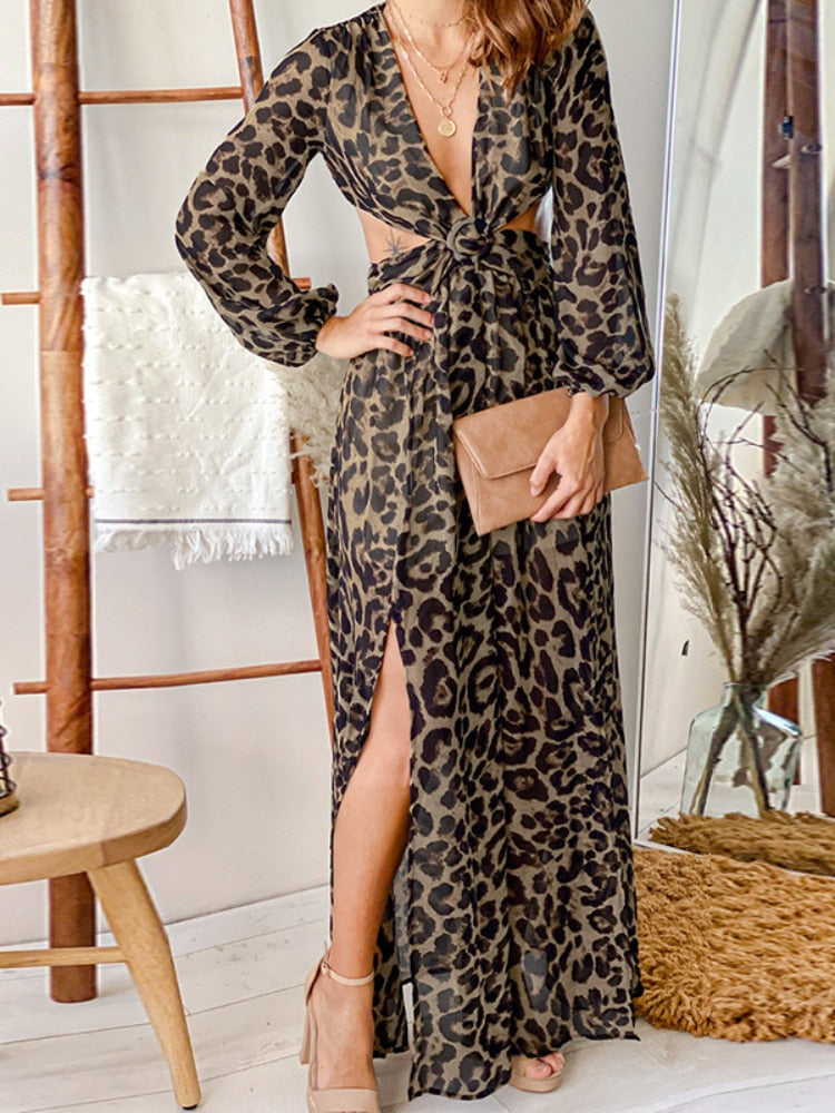 Boho Leopard Print Maxi Dress with Long Sleeves, Deep V-Neck and Side Slit