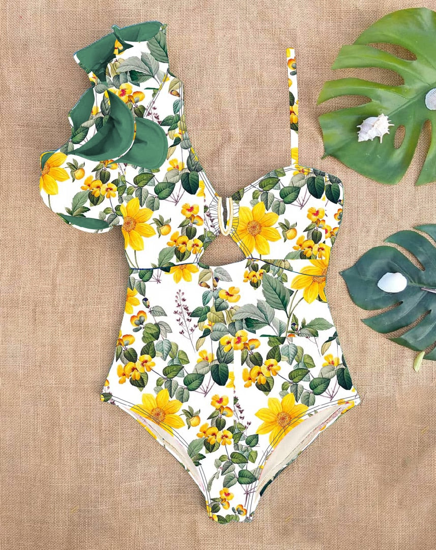 Boho Style Ruffled One Shoulder Printed Monkini