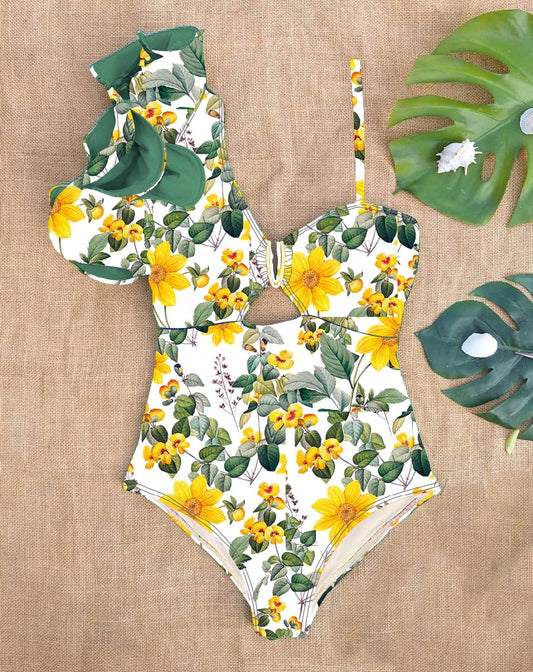 Boho Style Ruffled One Shoulder Printed Monkini