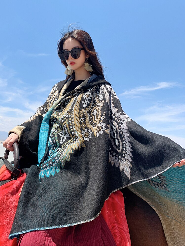 Winter Gypsy/ Boho Knitted Poncho Cape with Hood