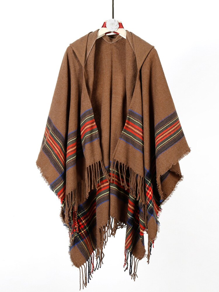 Winter Gypsy/ Boho Knitted Poncho with Hood and Tassels