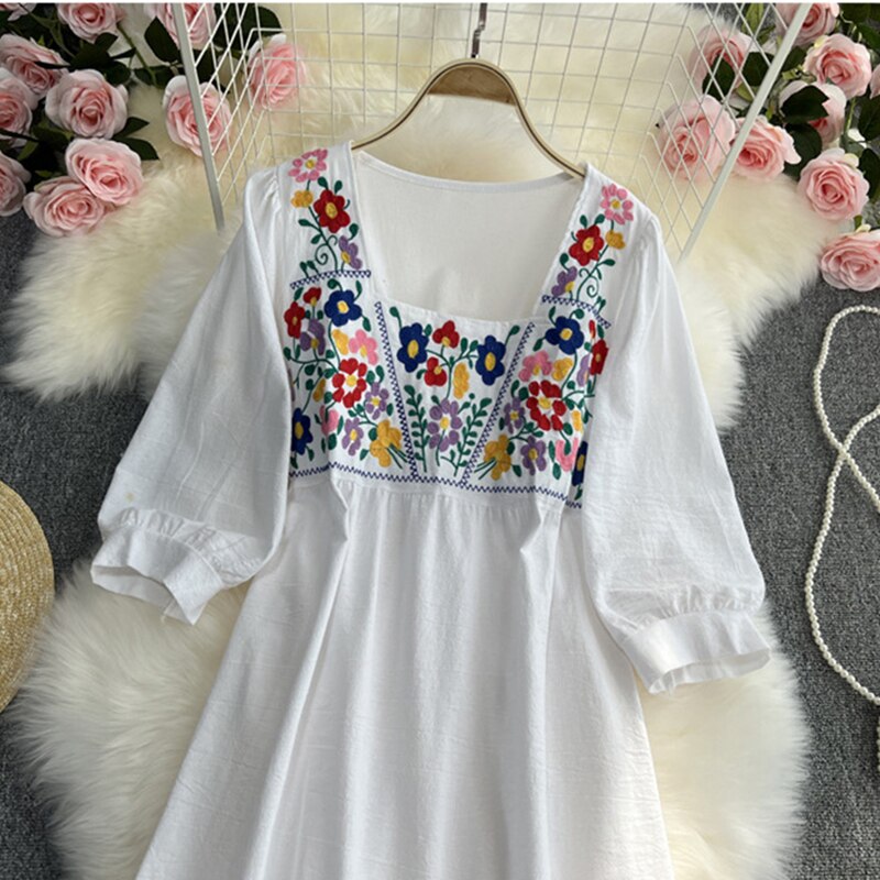 Vintage/ Boho Floral Embroidered Long Sleeve Sun Dress