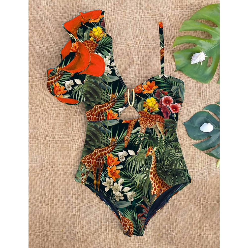 Boho Style Ruffled One Shoulder Printed Monkini