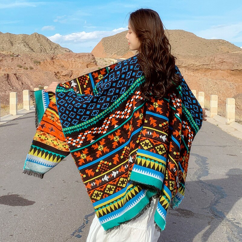 Winter Gypsy/Bohemian Floral Knitted Poncho with Tassels