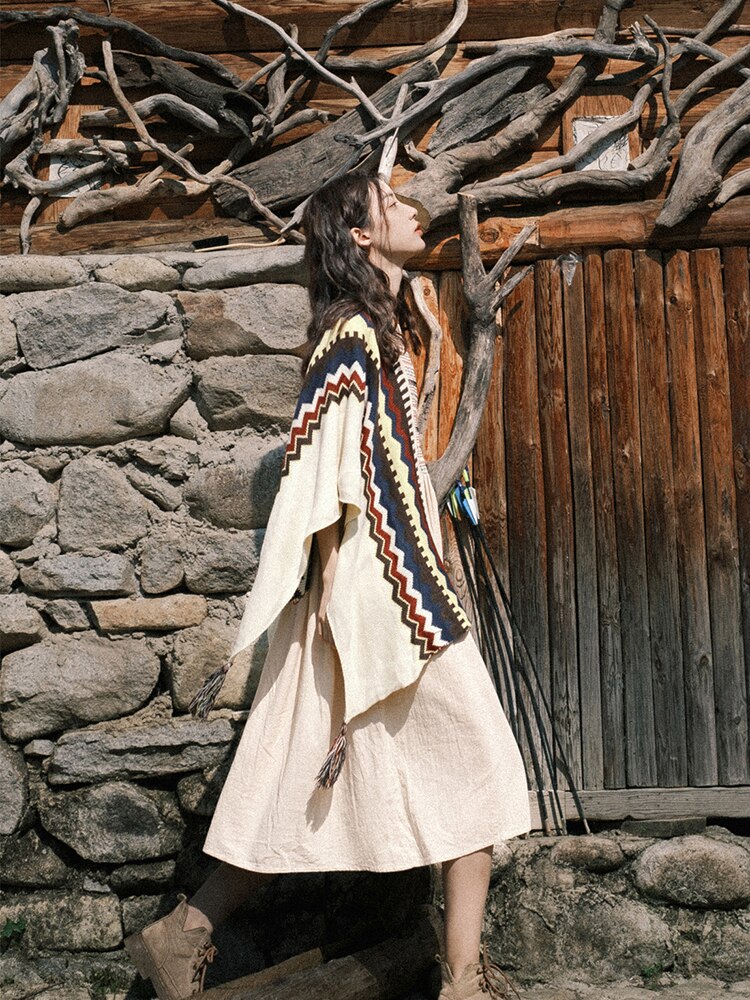 Winter Gypsy/ Boho Knitted Cape Poncho with Tassels