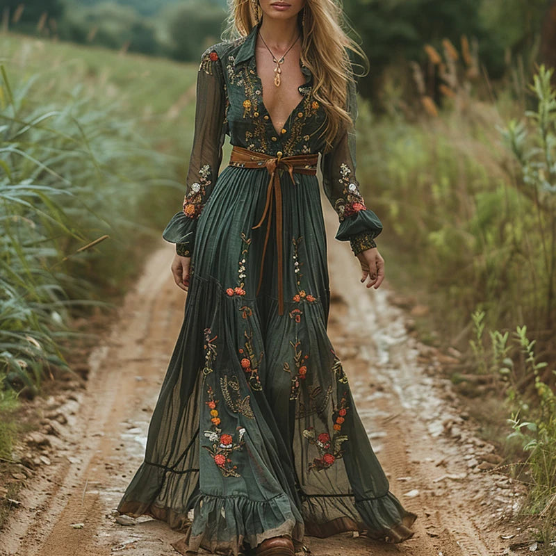 A. Vintage Boho Floral Print Indie Folk V-neck Long Dress With High Waist, Loose Bohemian Maxi Dress