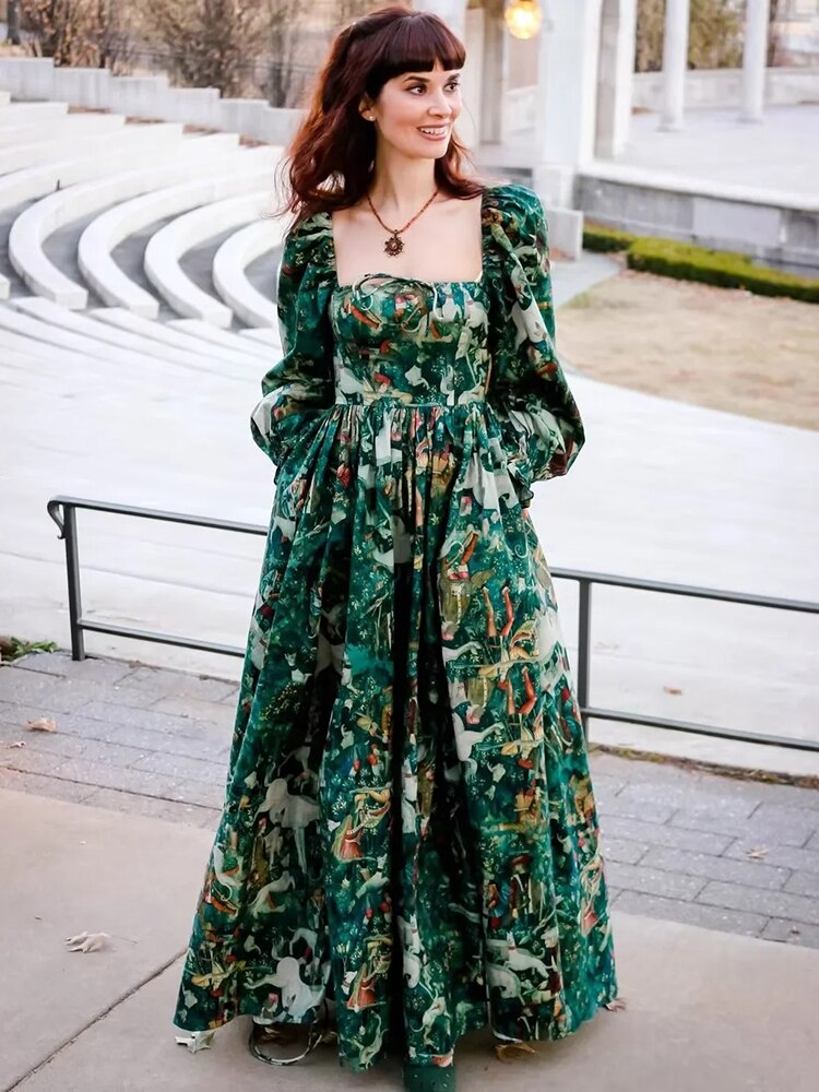 Gypsy/ Boho Floral Printed Maxi Dress with Green Ruffles and Puff Sleeves