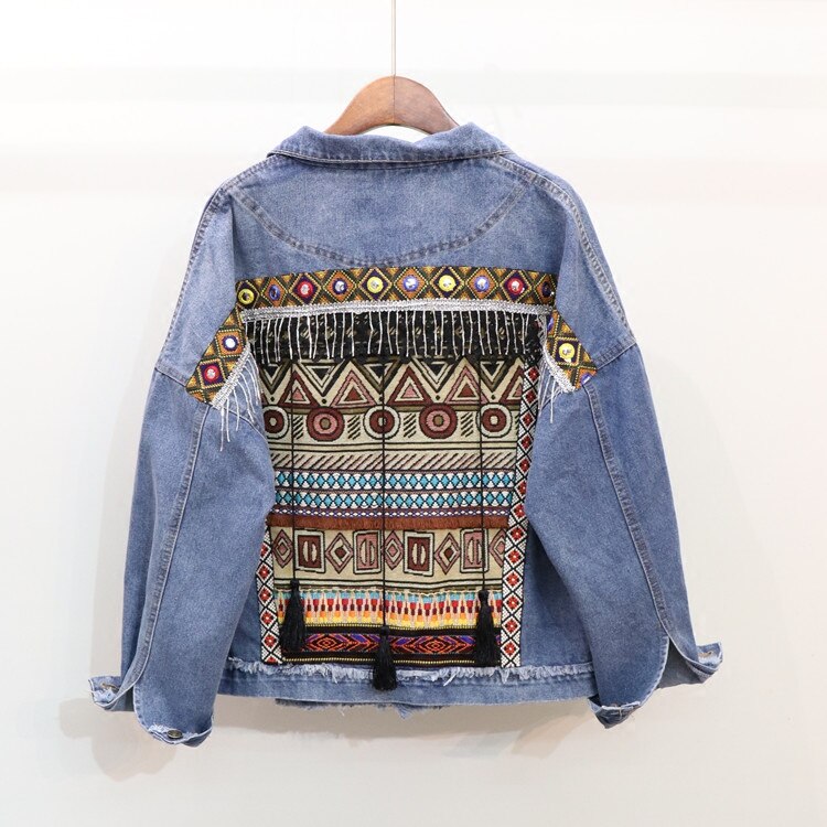 Winter Gypsy/Boho Floral Embroidered Denim Jacket with Embellishments and Tassels
