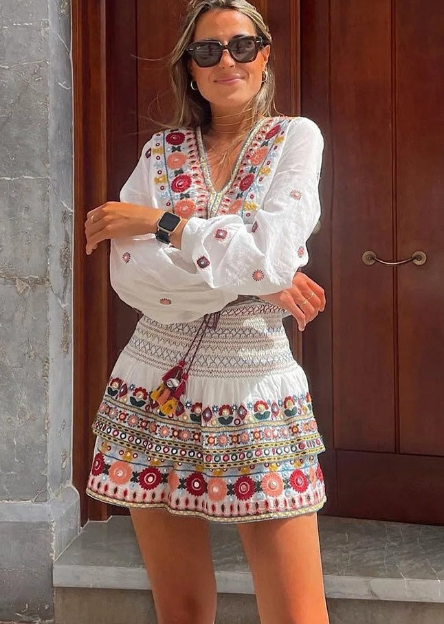 Gypsy Embroidered Paisley Printed Skirt and Blouse Sets with Batwing Sleeve and V-Neck Button Tiered Mini Skirt