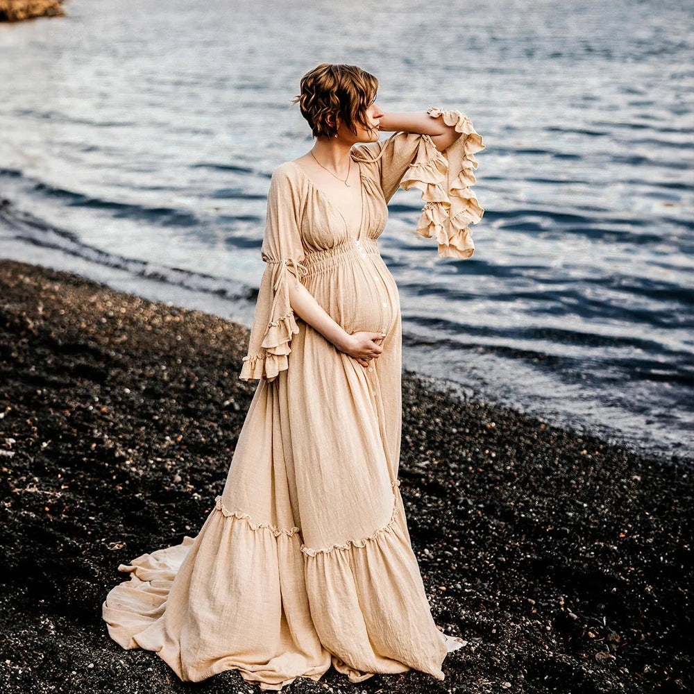 A. Linen Cotton Floor Mopping Bohemian Maternity Dress With Hem Flounce Edges. Photography or Baby Shower Dress