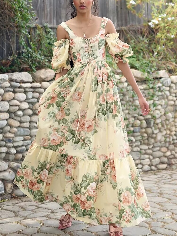 Bohemian Floral Printed Maxi Dress with Off The Shoulder Puff Sleeves and Tiered Ruffles